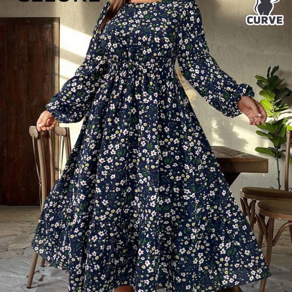 *Sold NWOT SHEIN Navy Blue Ruffled Tiered Floral Maxi Sundress Bishop Sleeve 2XL - Picture 2 of 12